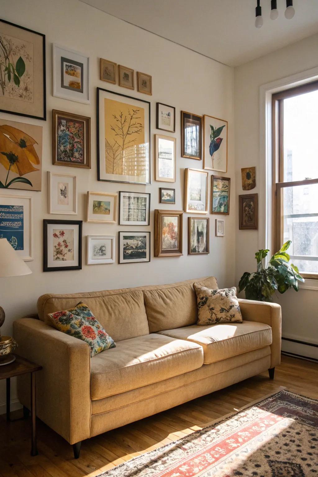 A feature wall personalizes the area and emphasizes the beige sofa.