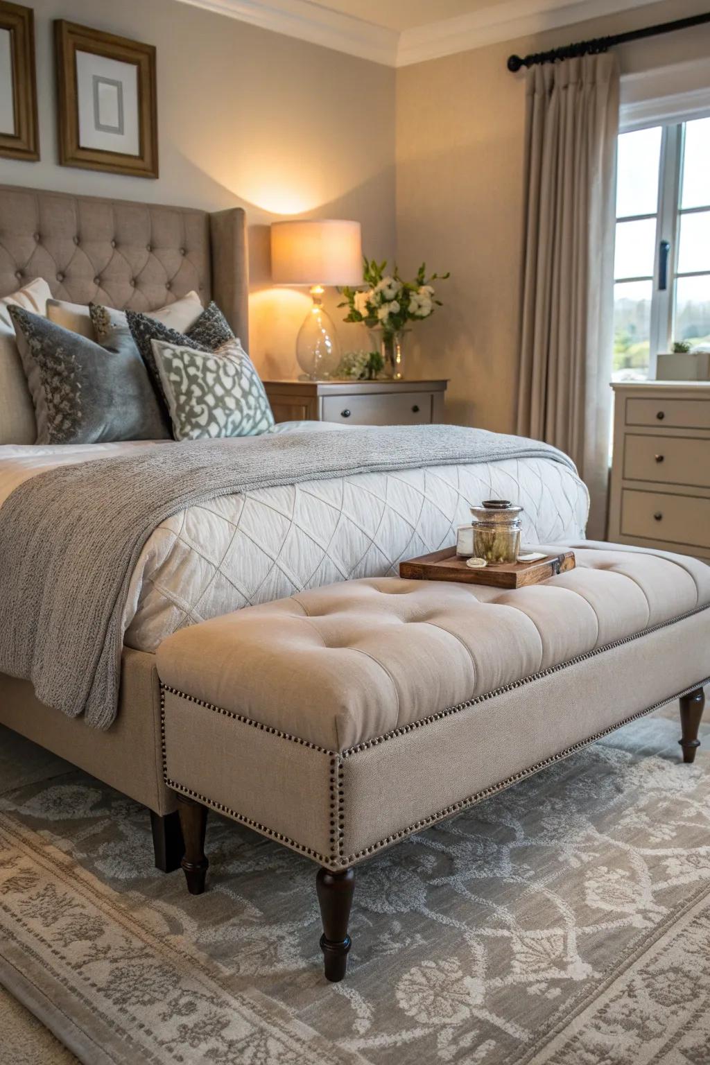 A taupe bedside bench adding style and functionality.