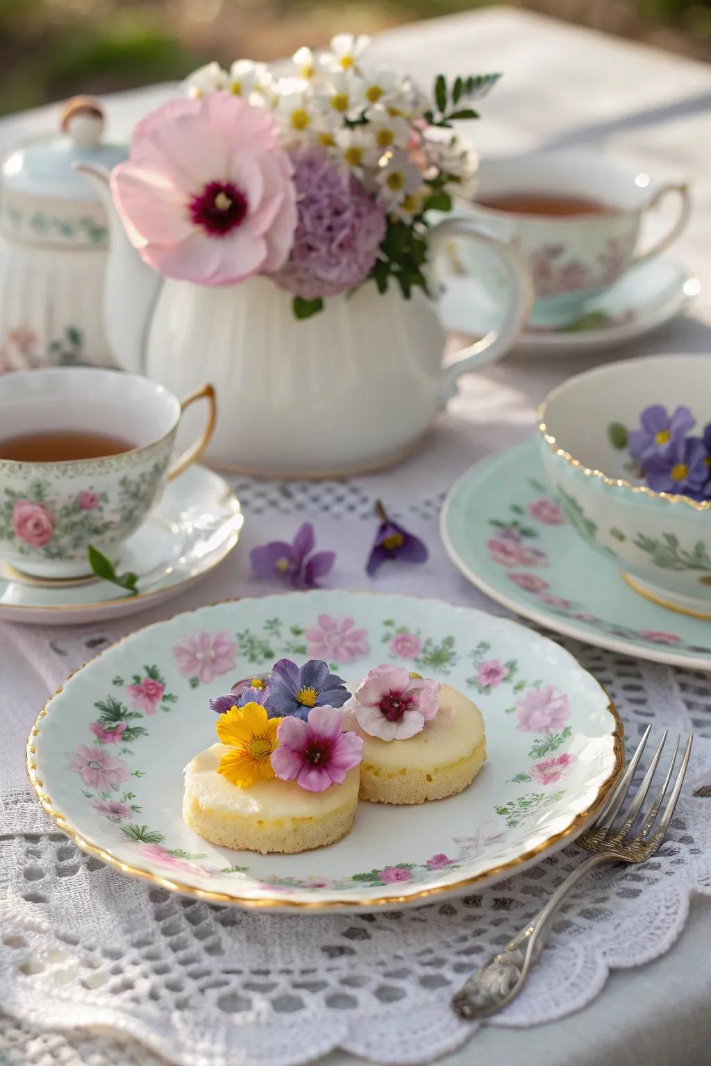 Eatable flowers add color and flavor to the tea celebration dishes.