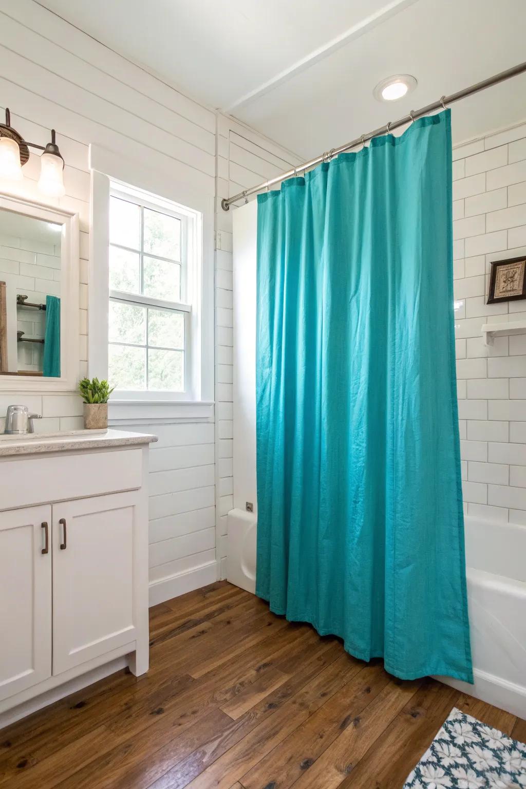 Uplift your room by using an intense seafoam shower curtain.