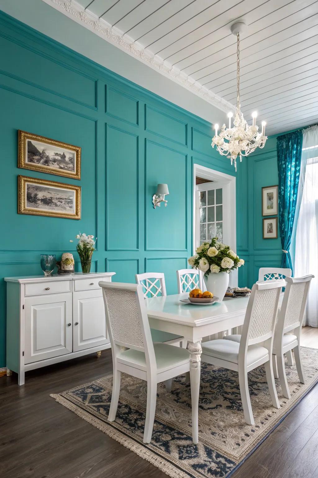 White and teal create a bright, airy dining room