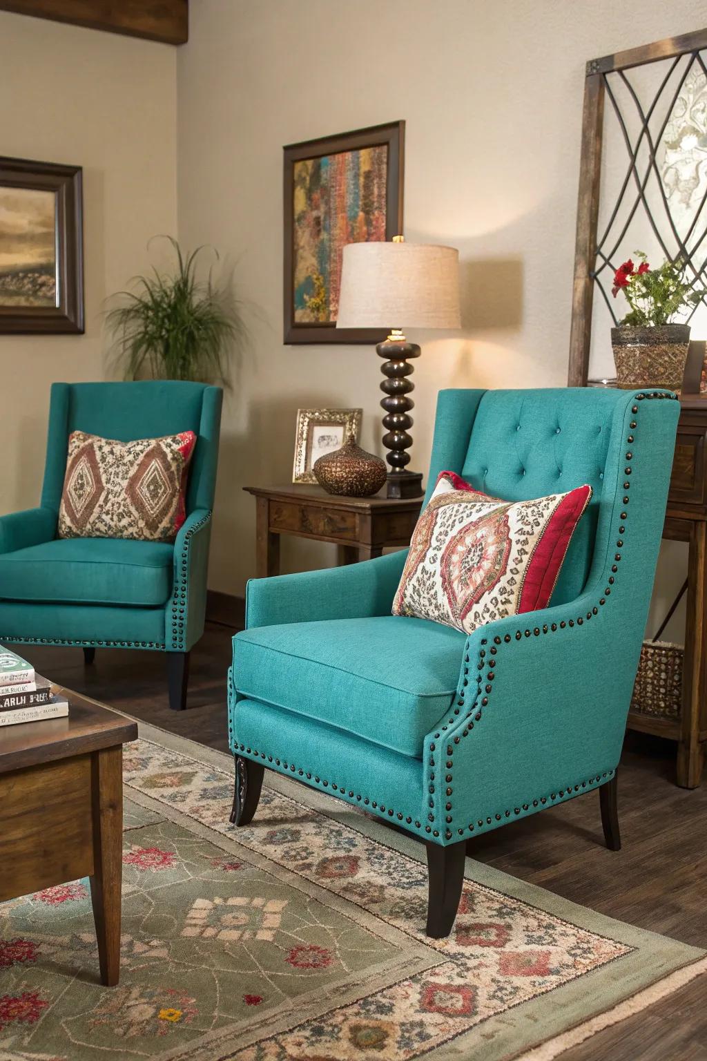 Turquoise accent seating delivers a vibrant yet subtle burst of color.