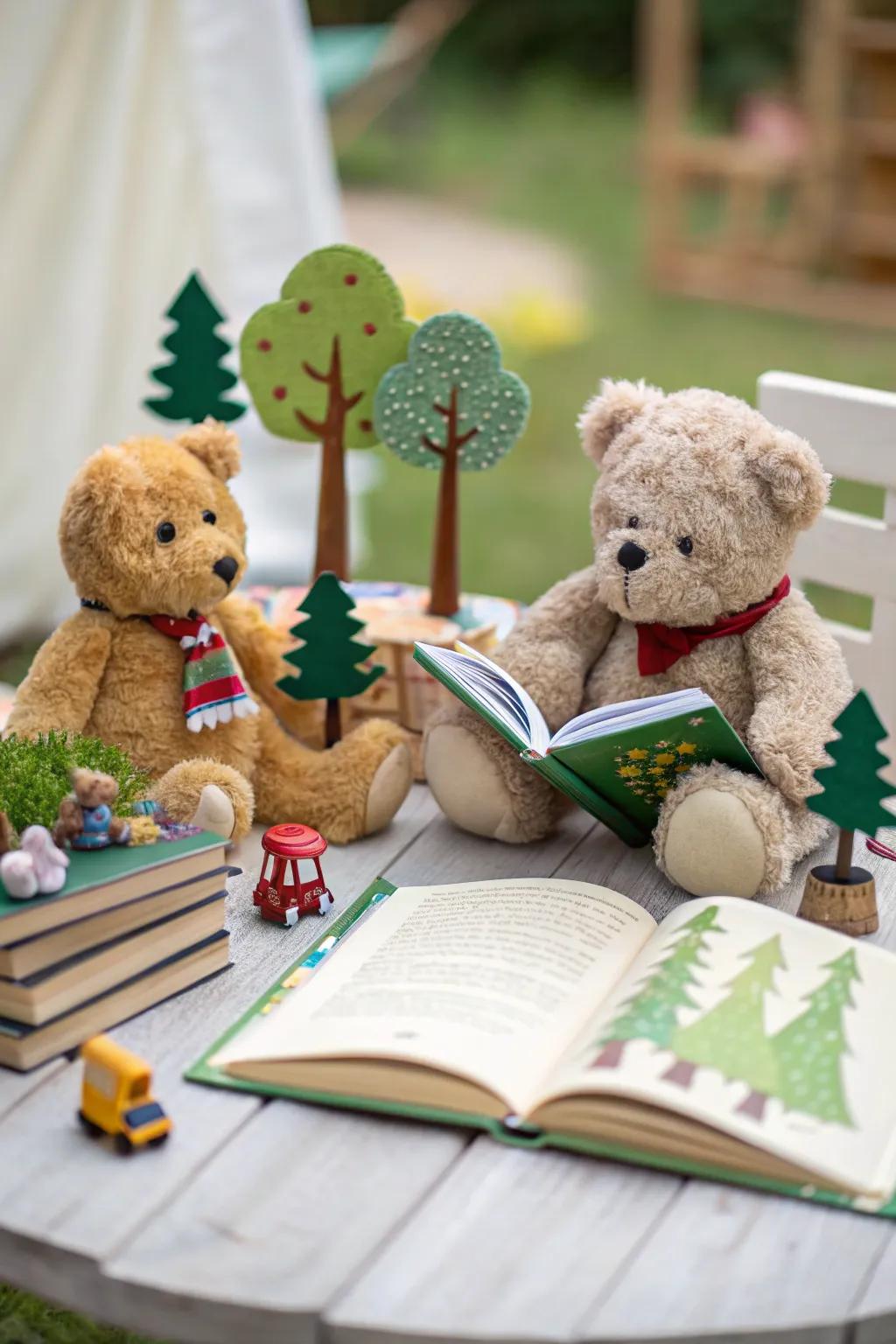 A whimsical storybook scene featuring plush companions.