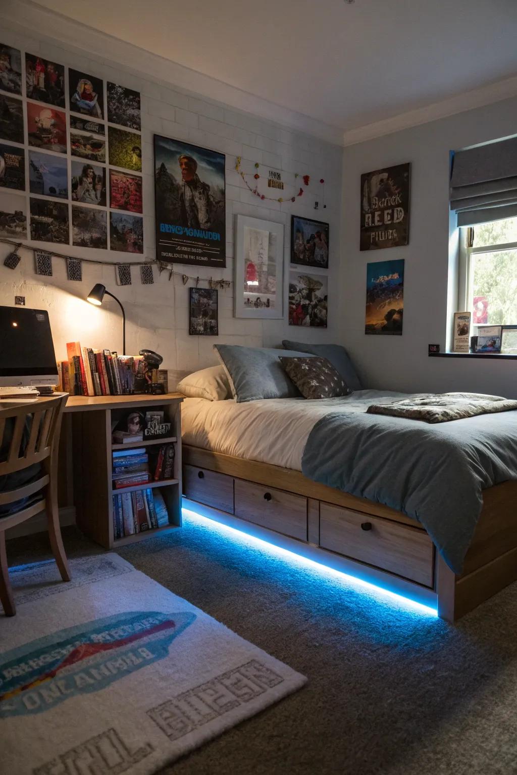 Under-bed illumination brings a trendy, unexpected shimmer.