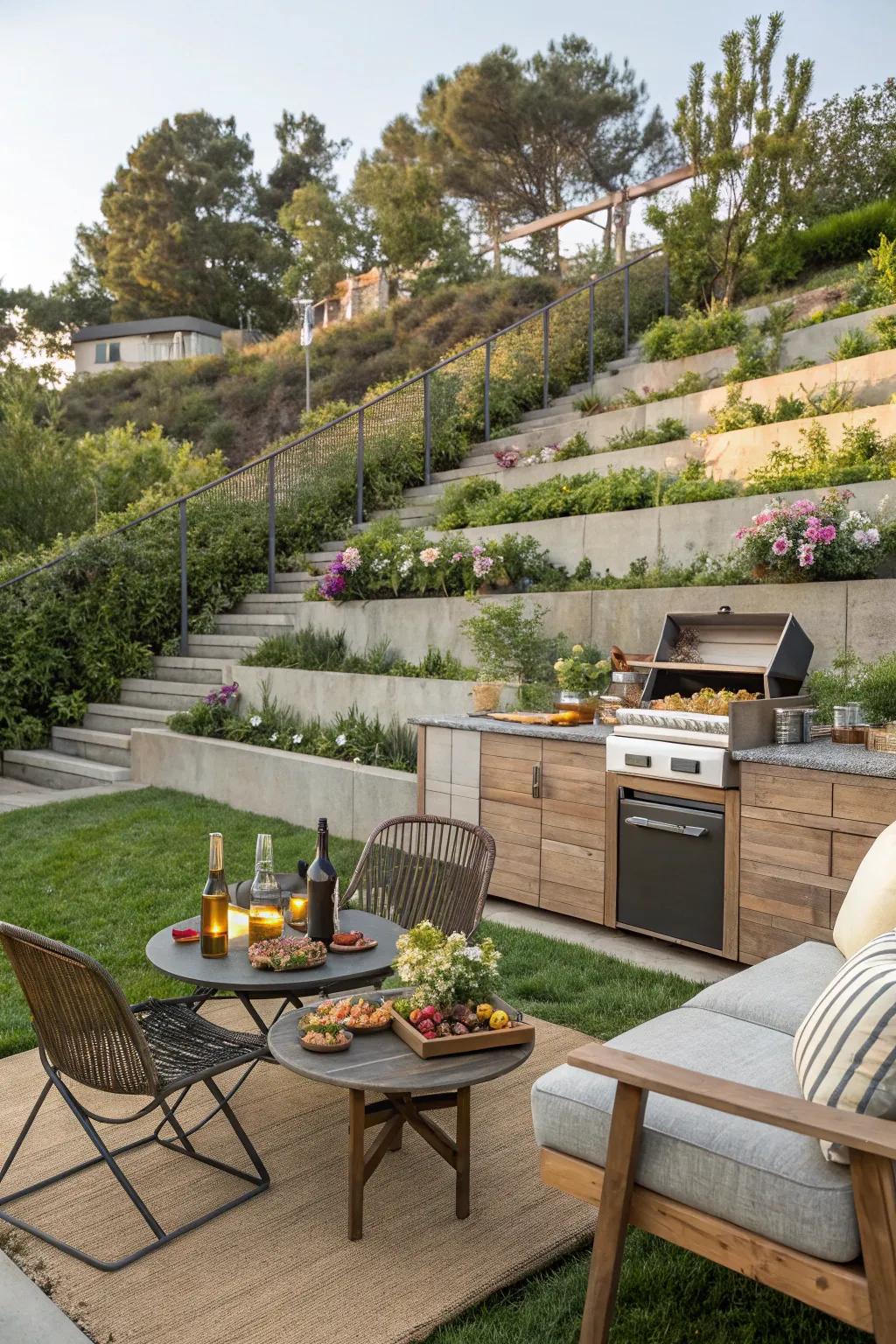 An outdoor entertainment hub in a terraced garden, perfect for hosting friends and family.