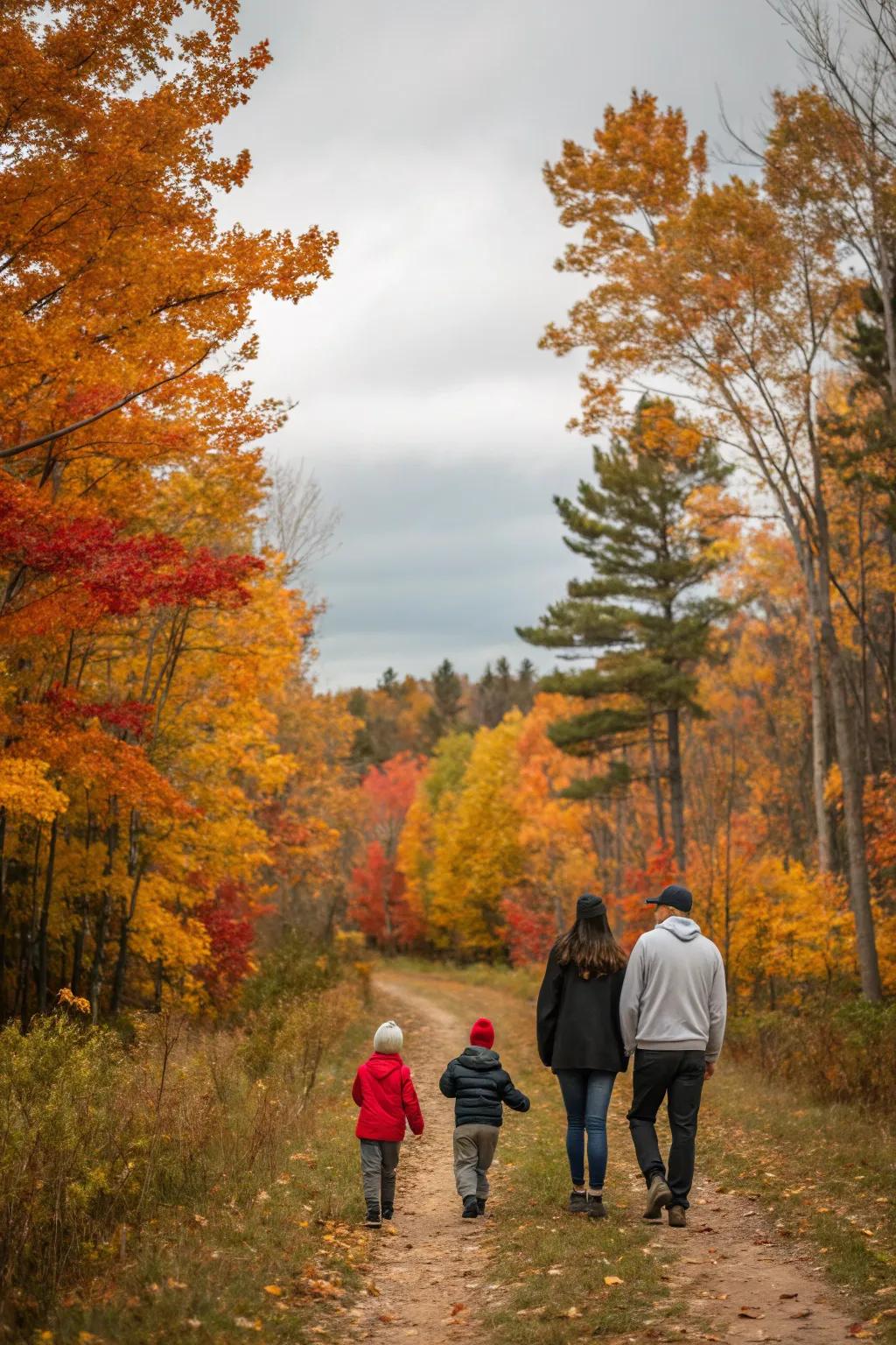 A family relishing a tranquil nature stroll amidst autumnal splendor.