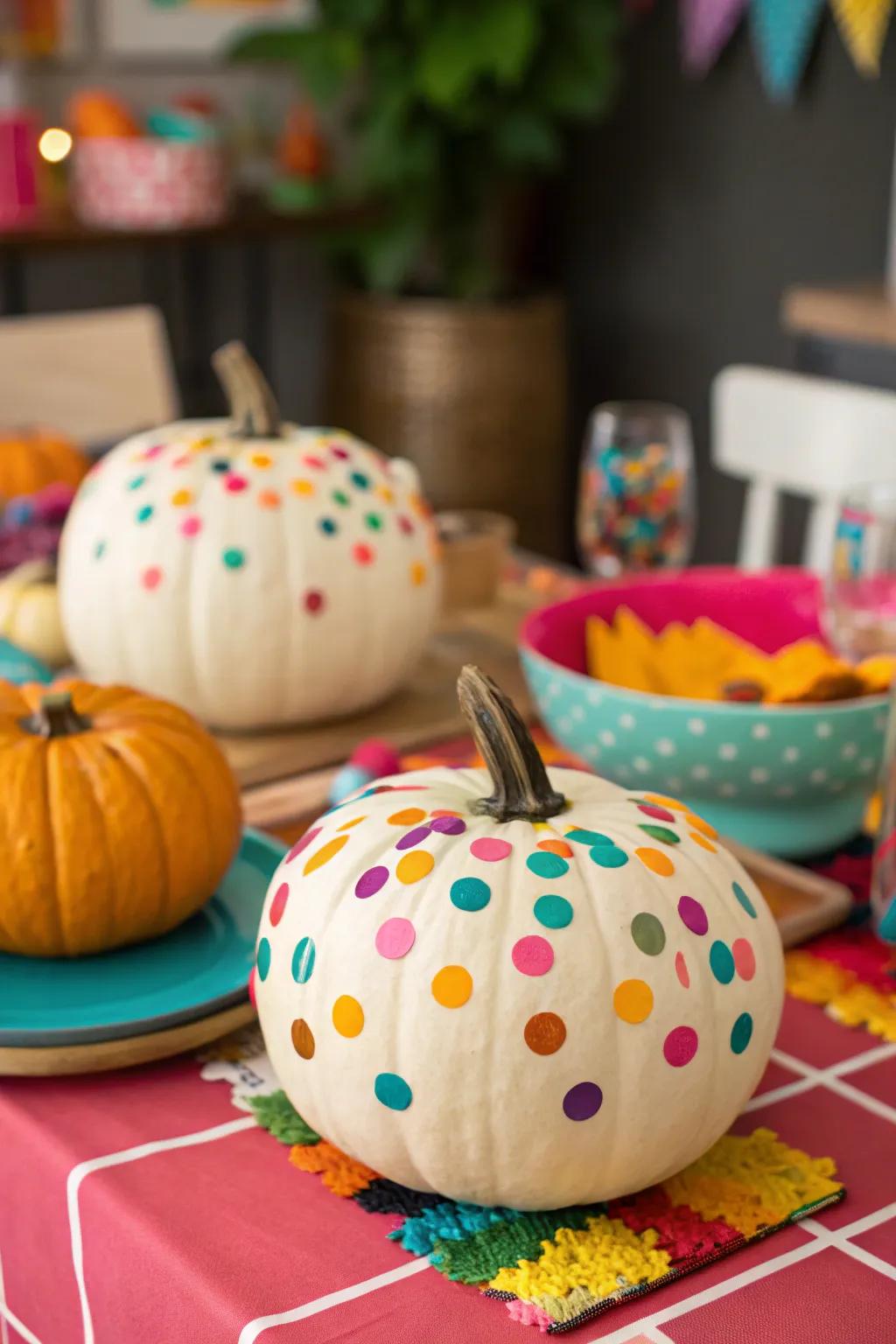 Playful confetti-coated pumpkins designed for celebratory enjoyment.