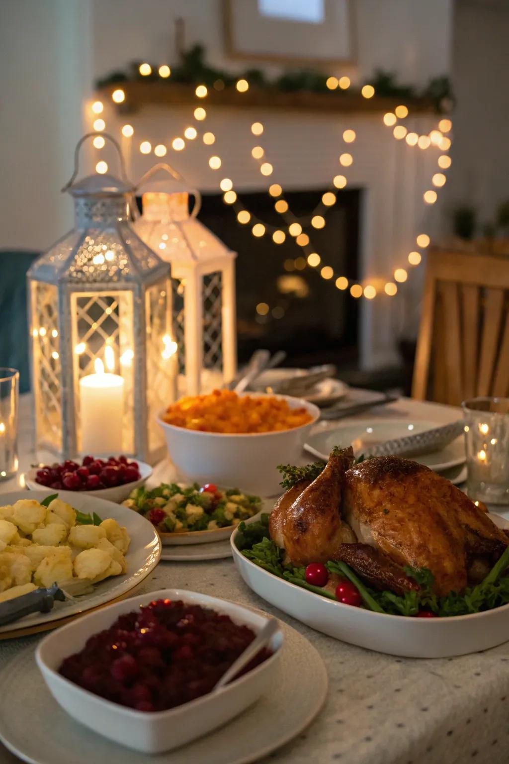 Tiered lights add enchantment to your Thanksgiving table.