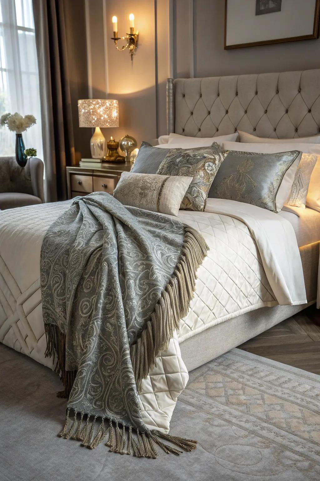 A cascading throw adds drama and flow to the bedroom decor.