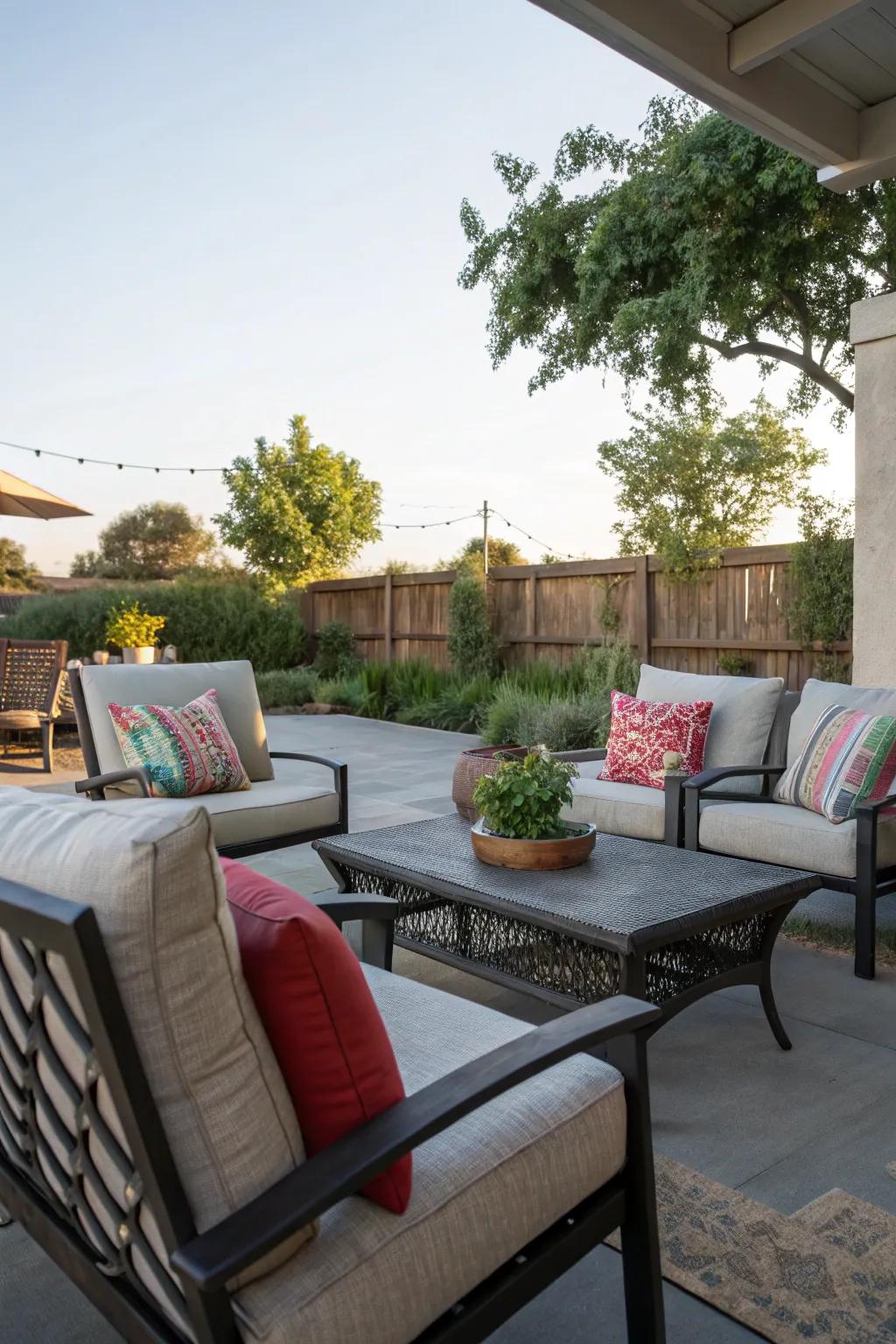Outdoor comfort enhanced with stylish weather-resistant pillows on a patio.