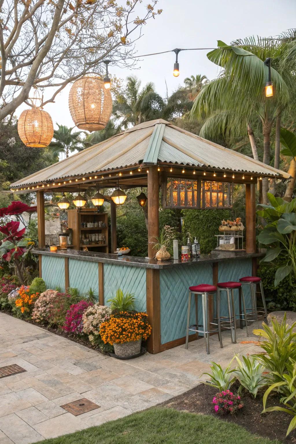 An amalgamation of metal and cane constructs a robust, fashionable roof.