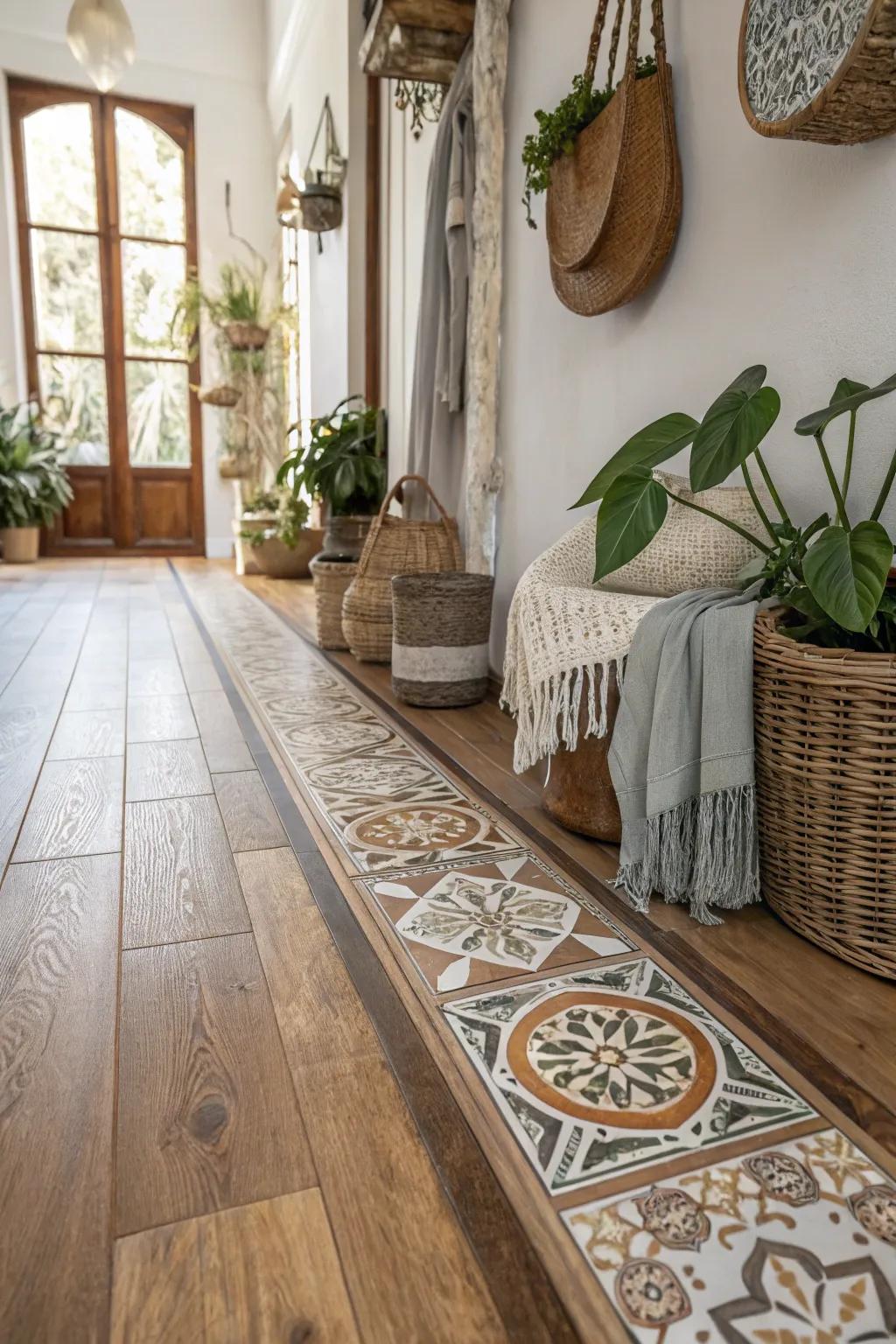 Patterned tiling edges fashion a feature flow into a timber floor.