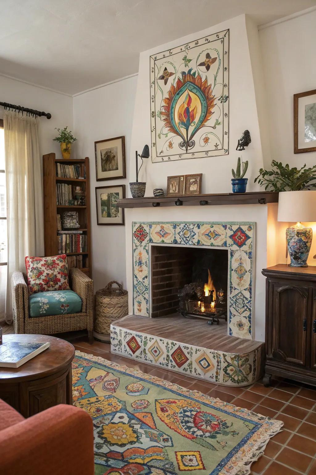 Hand-crafted tiles add unique character and charm to this fireplace.