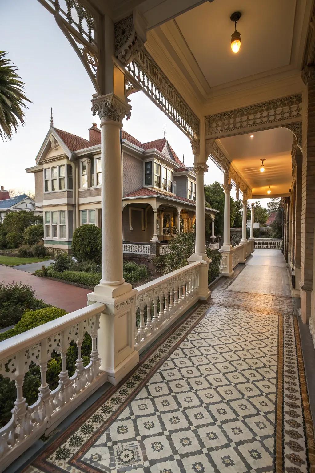 Victorian style tiles add classic elegance to this grand porch.