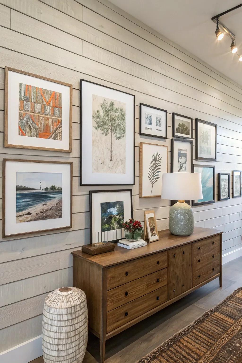 Tongue and groove walls make the perfect backdrop for art displays.