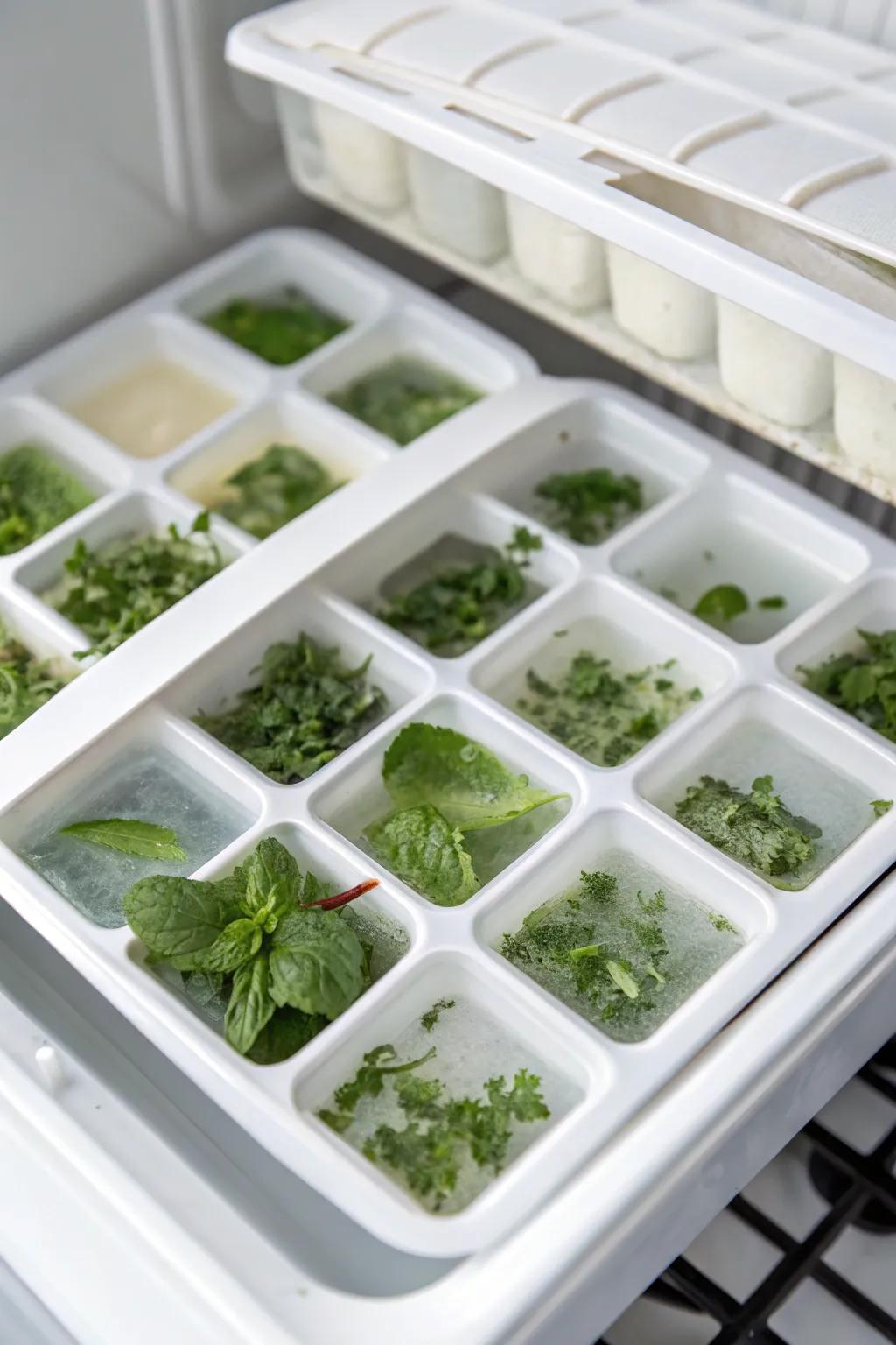 Ice cube trays featuring frozen herbs inside a top freezer, conserving fresh flavors ready for culinary creations.