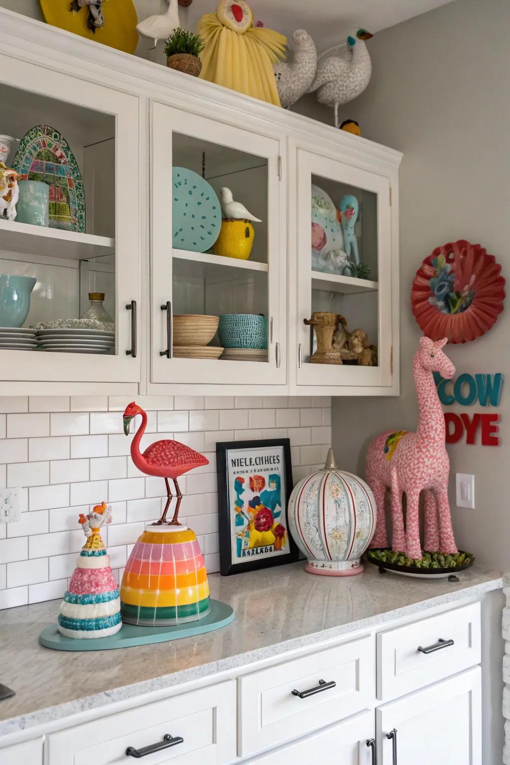 Inject a playful touch by using quirky ornamental pieces above your cabinets.