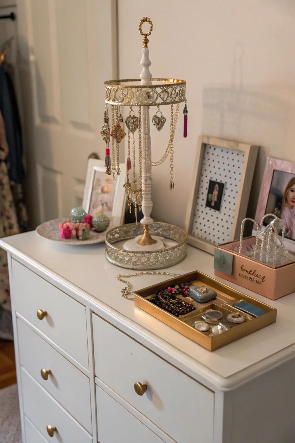 Jewelry exhibited on a dresser introduces a personal and fashionable touch.