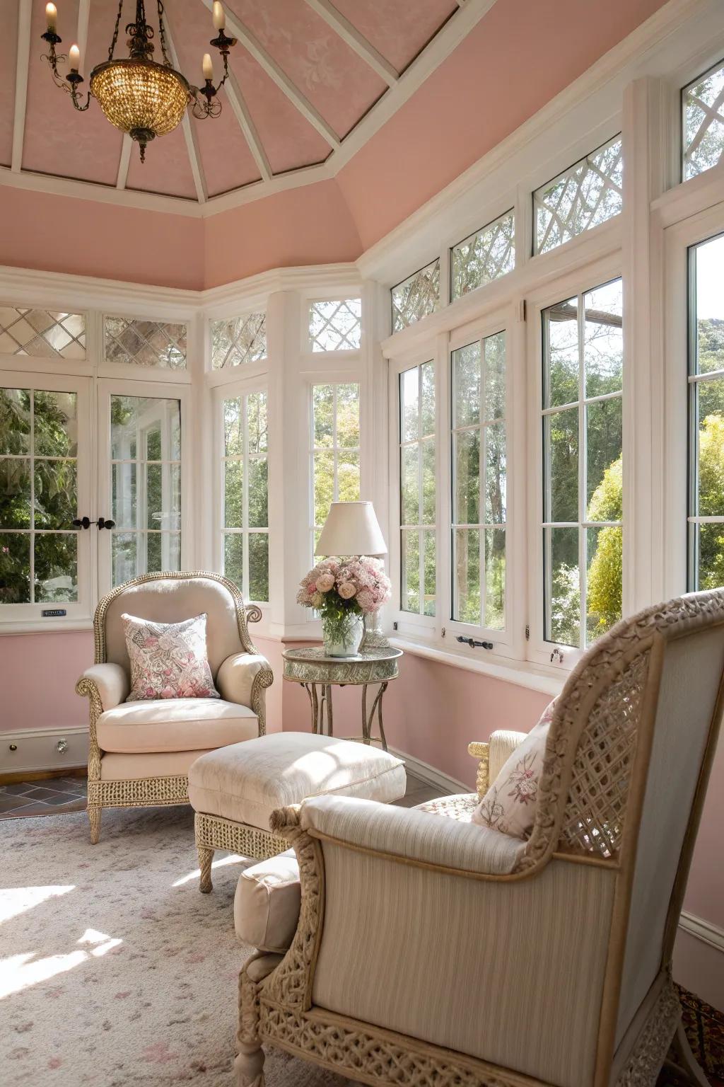 Blush pink walls contributing a soft and elegant tone to the sunroom.