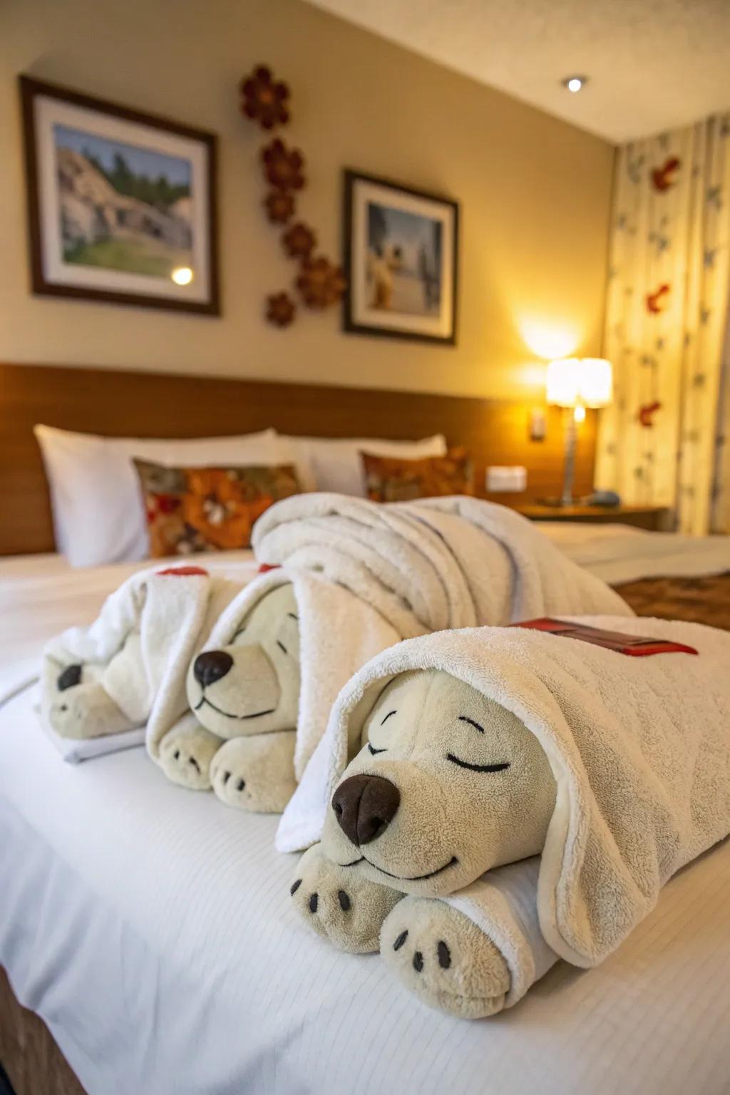 Welcome visitors warmly through resting pup-shaped textiles.