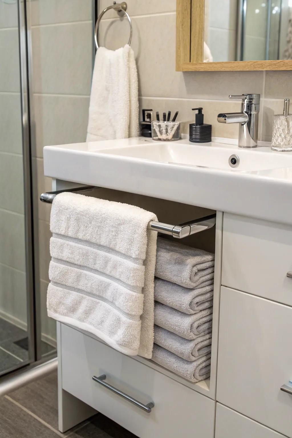 Completely exploit beneath-sink area through a towel span preserving towels conveniently.