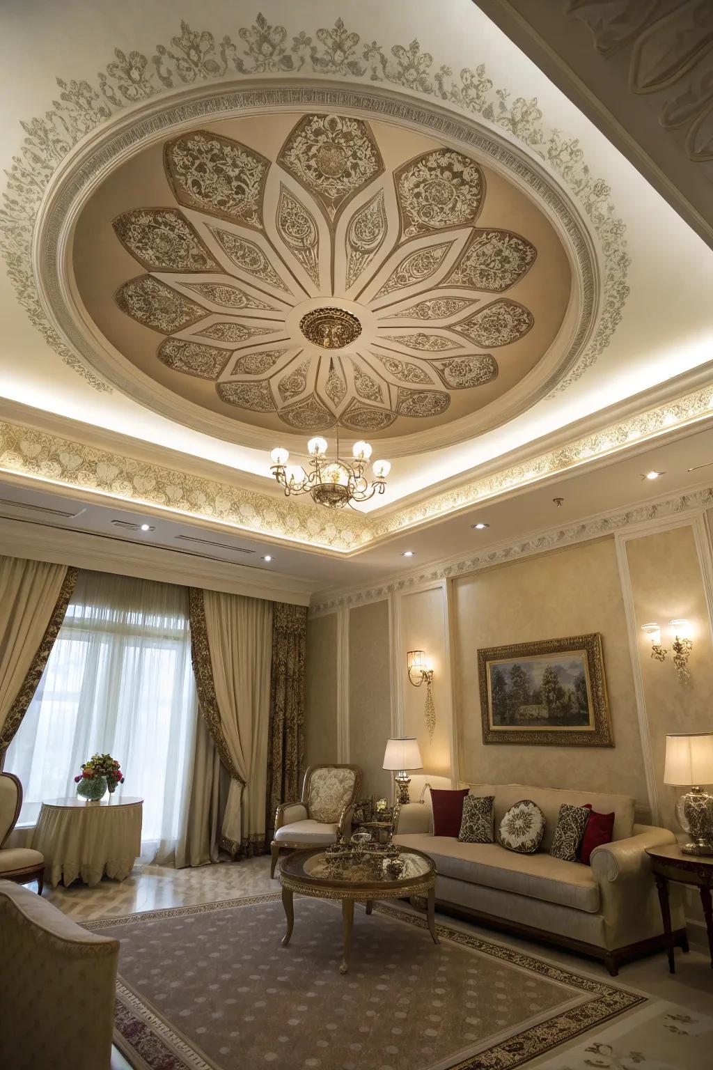 An elegant room with a tray ceiling featuring a decorative medallion.