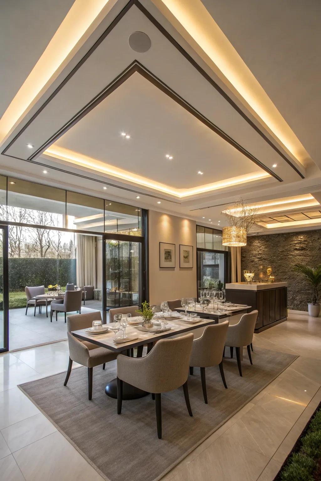 A contemporary dining space enhanced by tiered lighting in the tray ceiling.