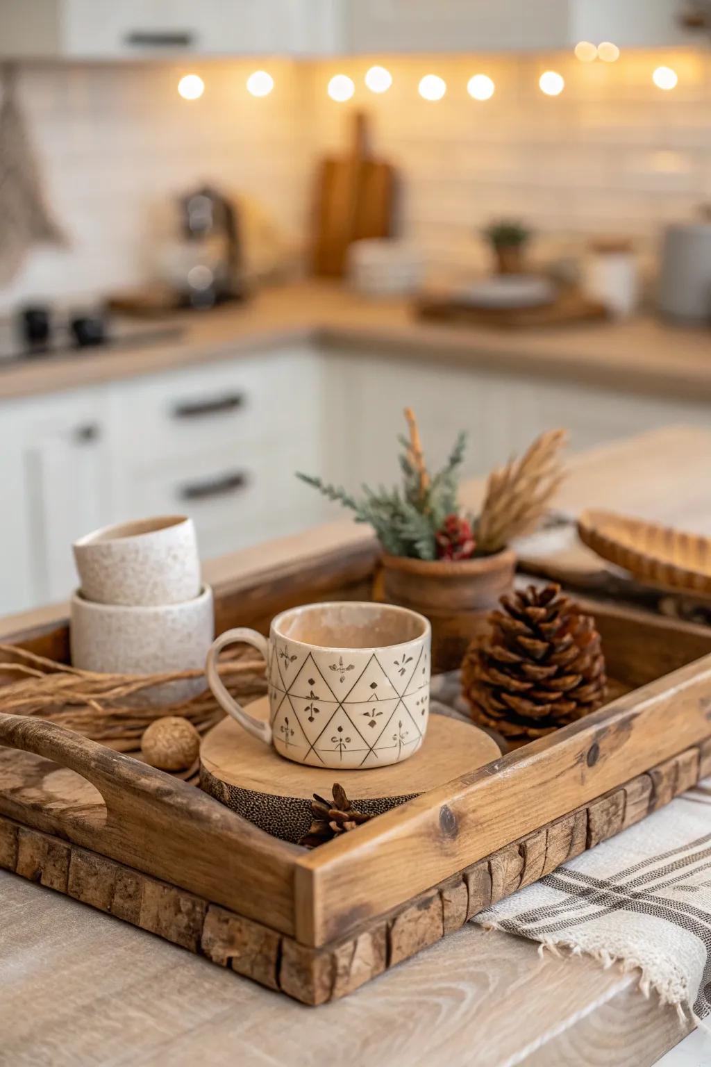 Embrace warmth with cozy wooden tray decorations.