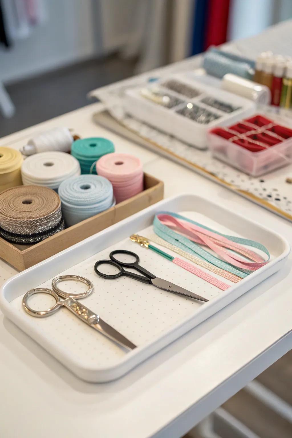 A tidy craft corner featuring a creatively organized tray.