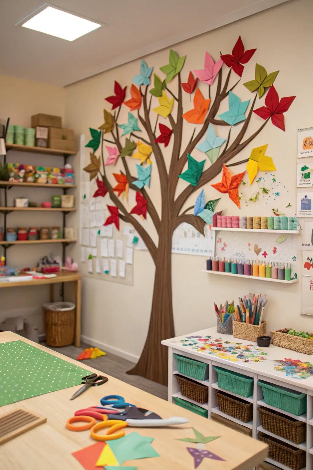 A paper art tree bulletin board filled with origami leaves.