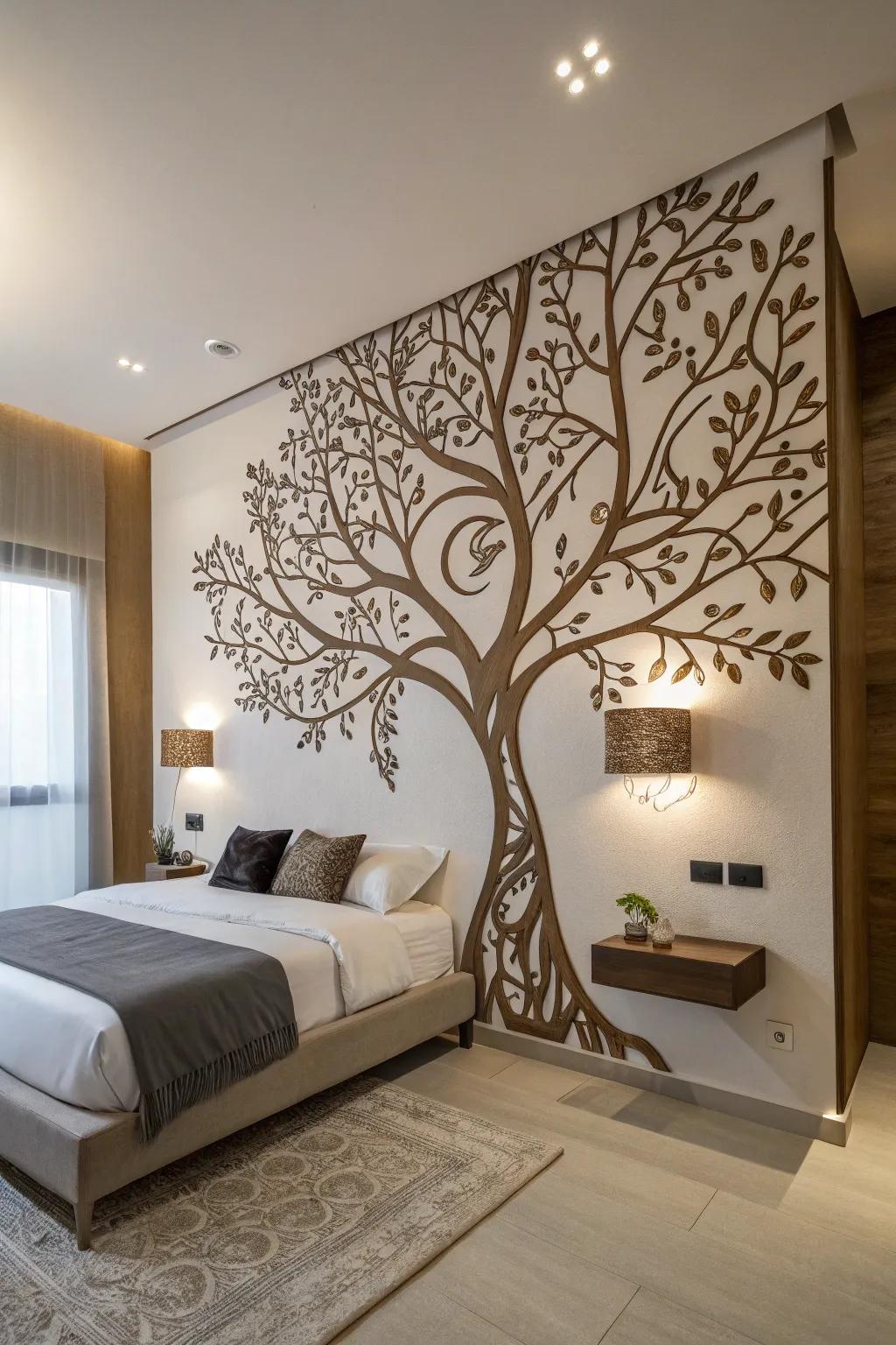 Arbor Vitae wall decal enhances a modern bedroom with personal flair.