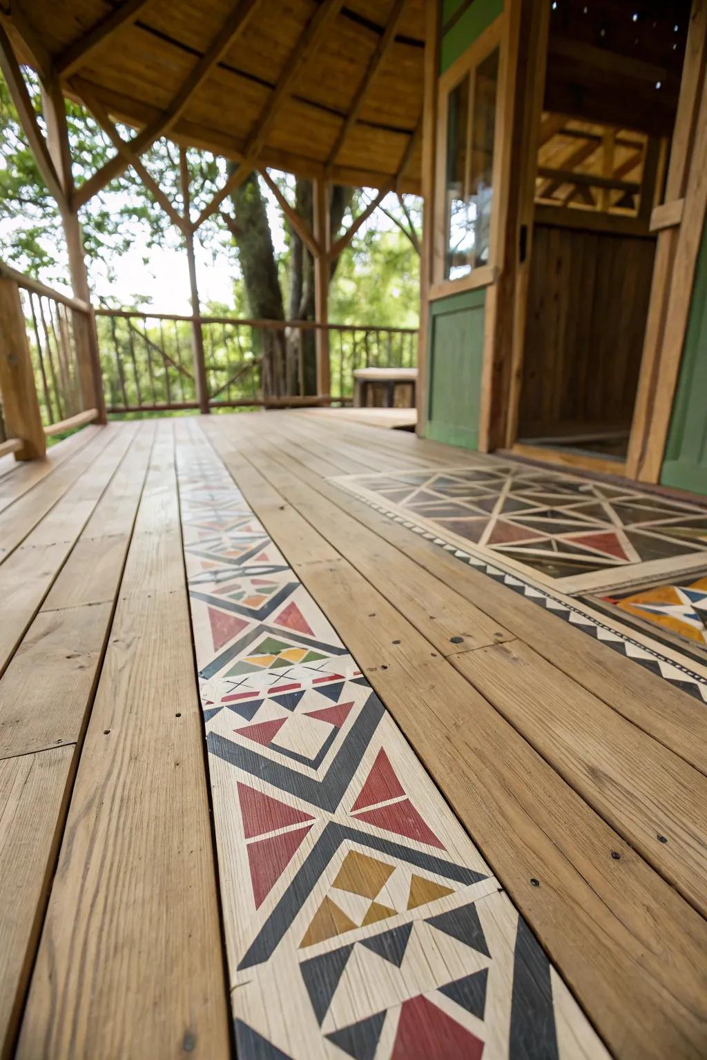 Distinct ground covering in a treehouse, spotlighting a geometric design painted on wooden boards.