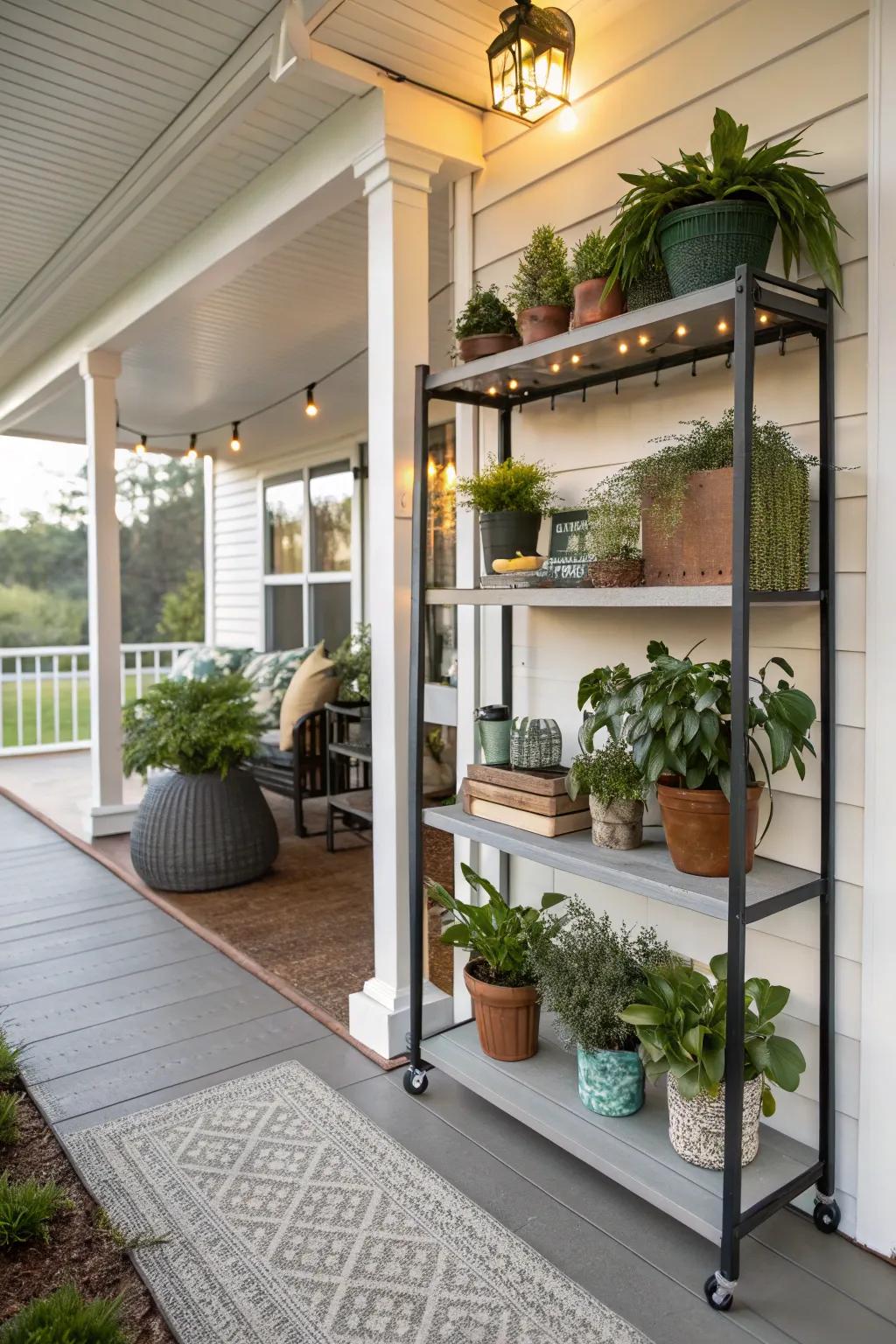 Display decor with practical shelving on your porch.