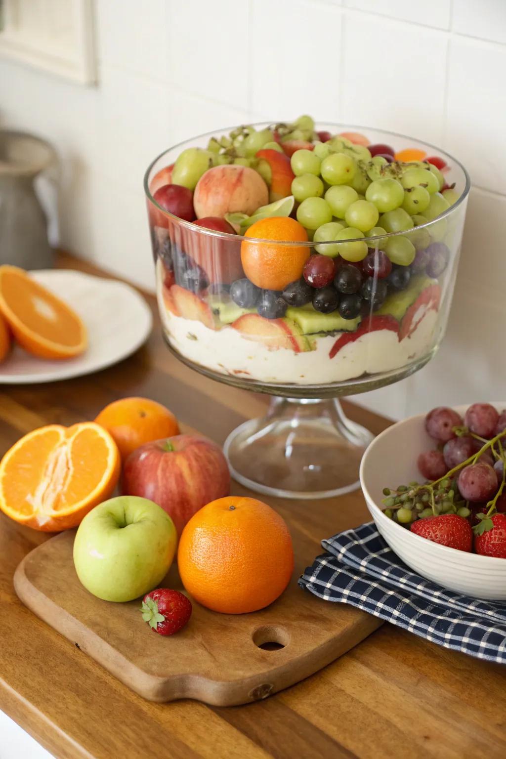 A trifle bowl filled with a vibrant mix of fresh fruits.