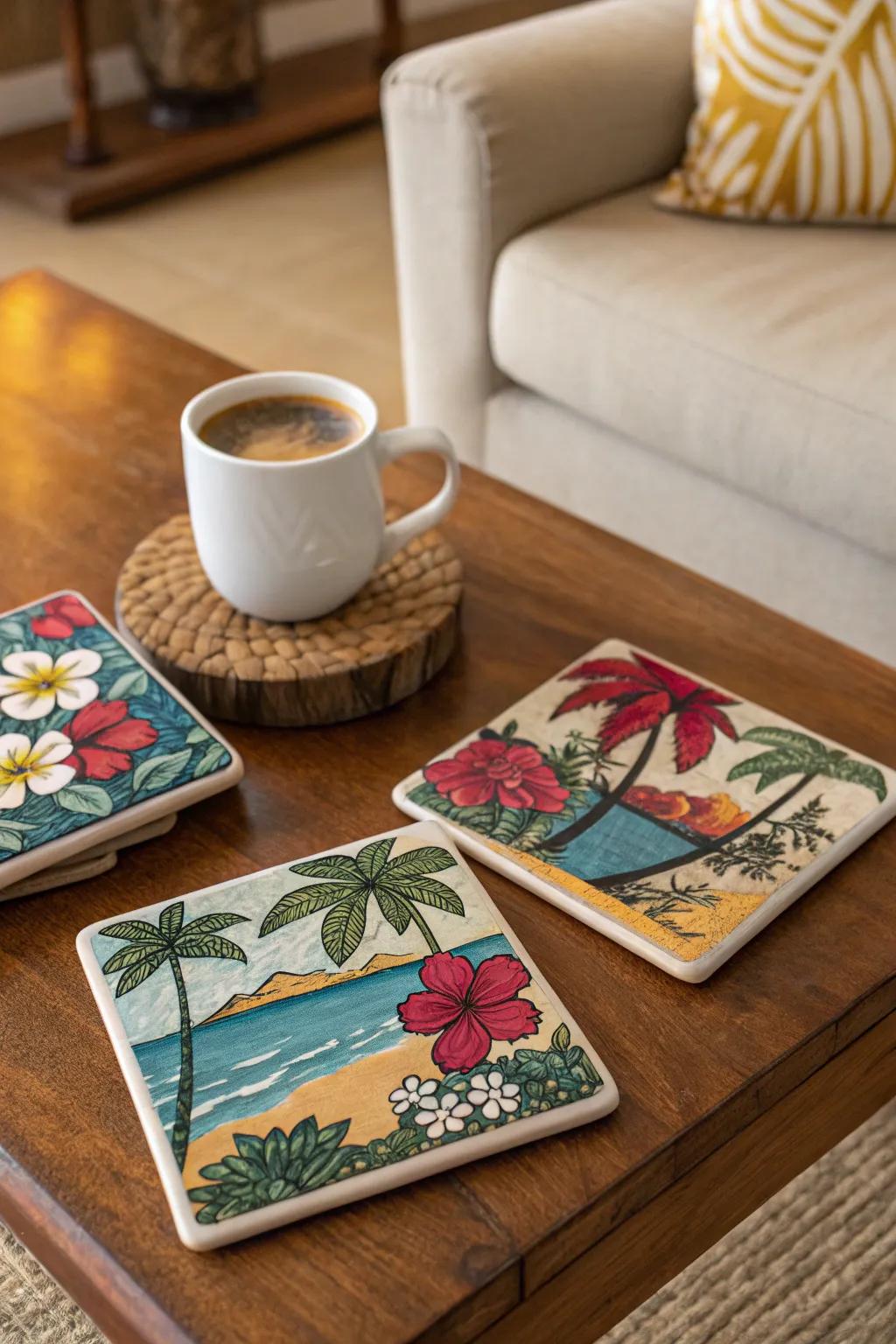 Handmade tropical coasters add a personal touch.