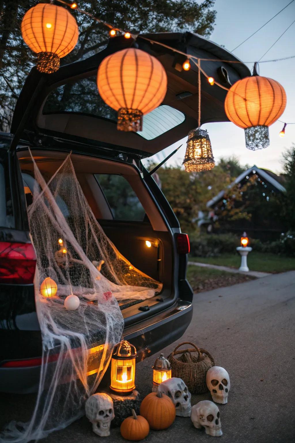 Cobwebbed lanterns add a haunting glow.