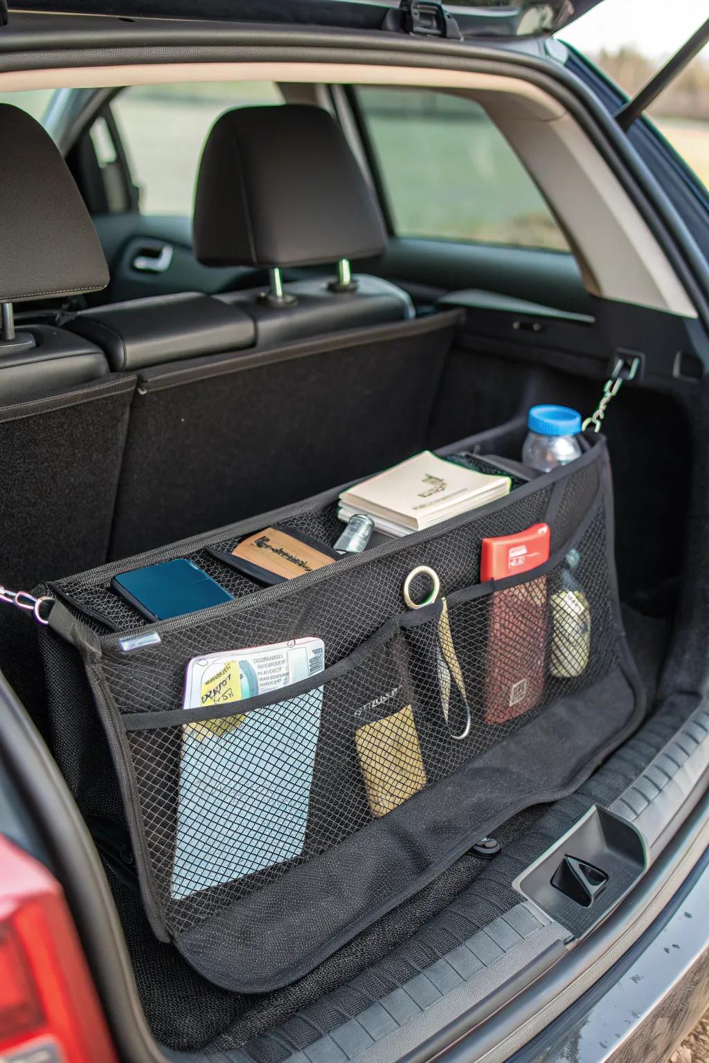 Mesh pockets on sidewalls for organizing small items in the trunk.