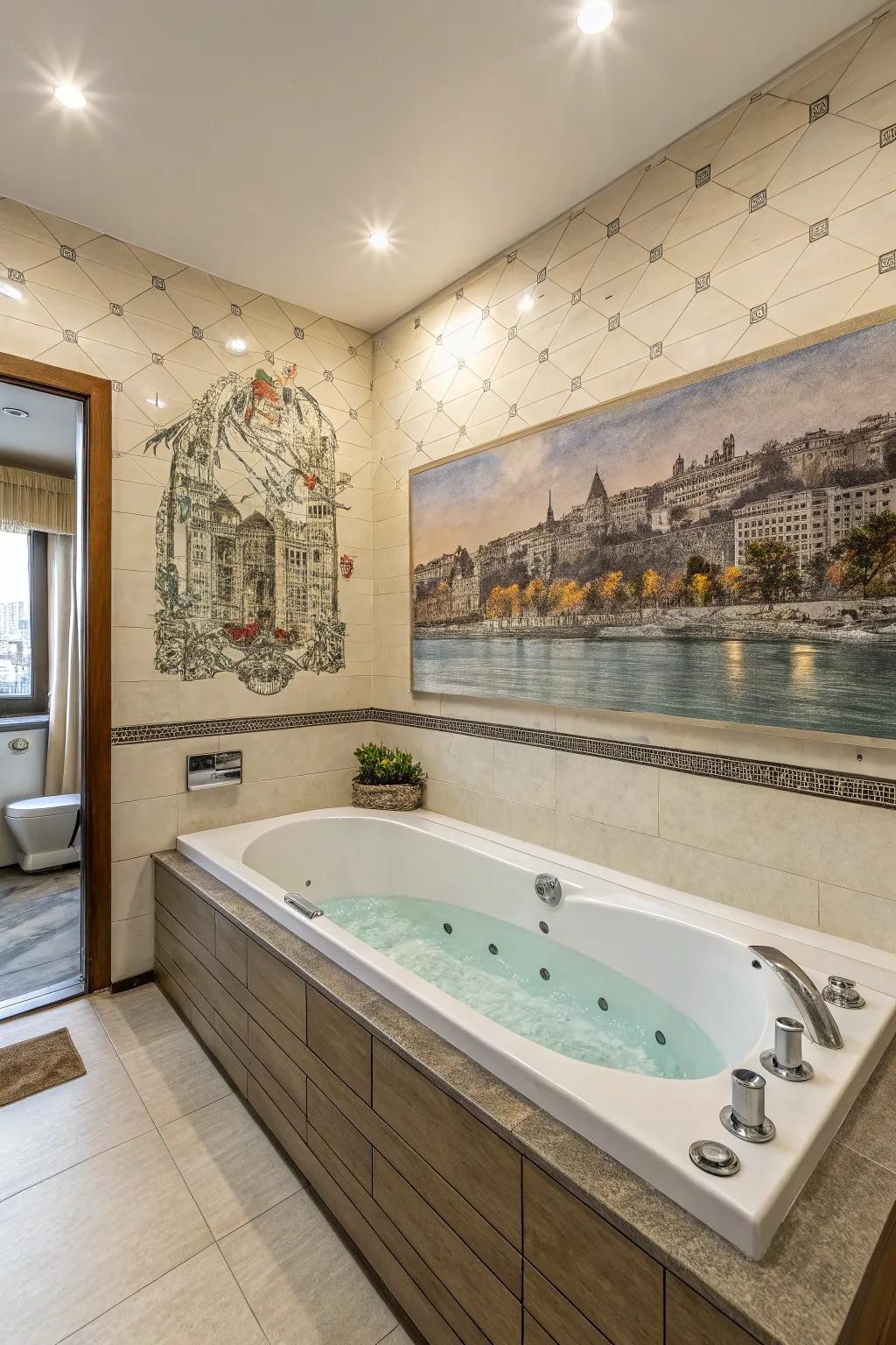 A tub deck amplified by a captivating artistic wall drawing.
