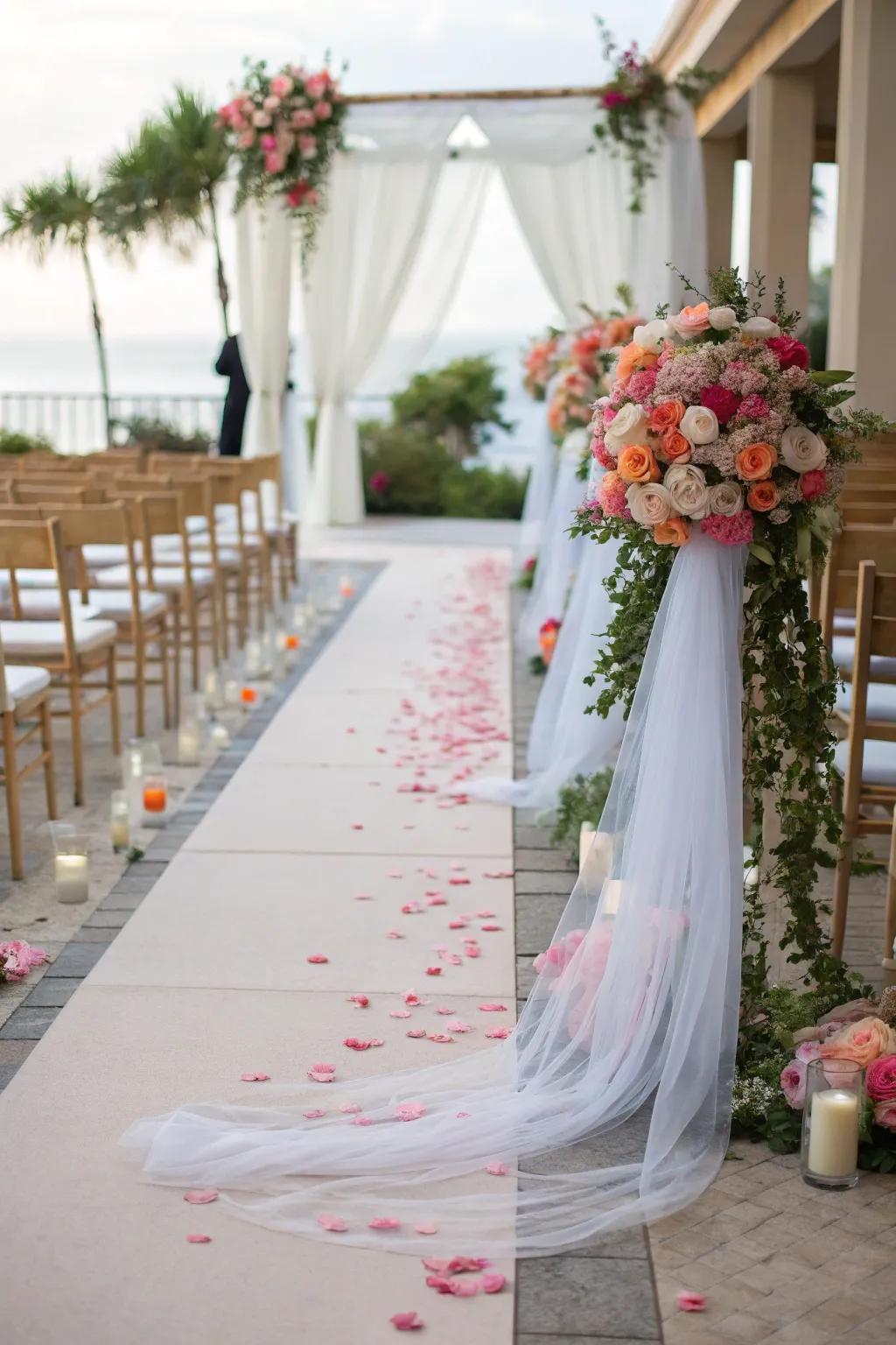 Walk down an aisle of dreams with a netting overlay.