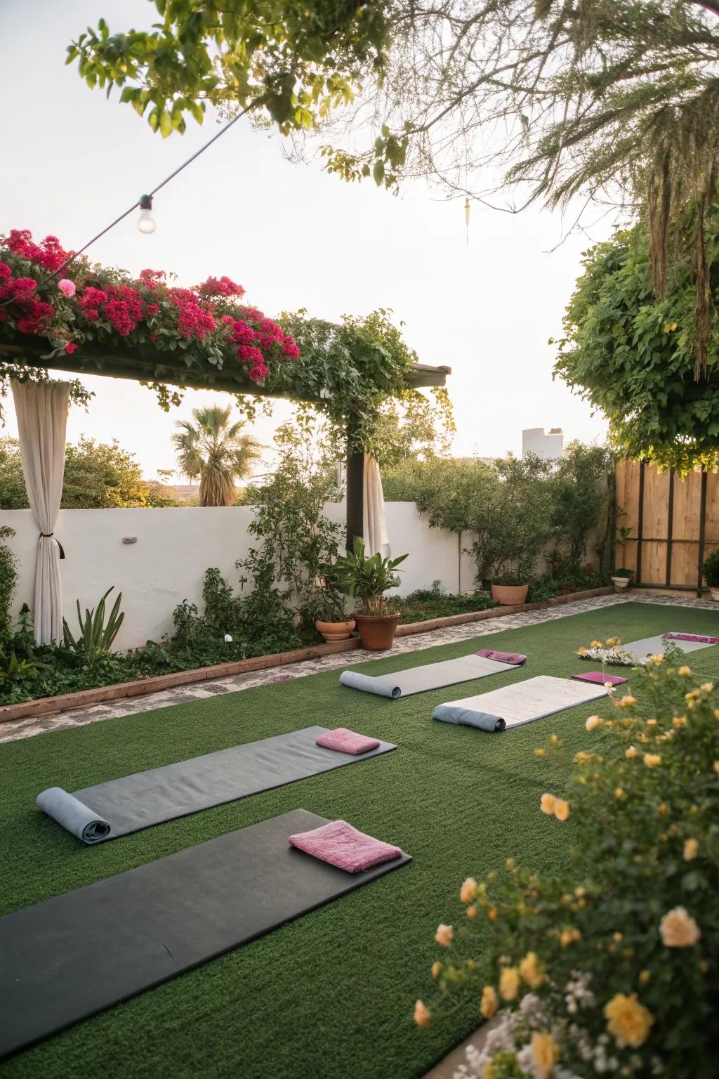 A tranquil yoga spot on a <strong>faux grass</strong> patio.” loading=”lazy” class=”pimg”>
	</picture><figcaption>A tranquil yoga spot on a <strong>faux grass</strong> patio.</figcaption></figure>
<p>Set up an exterior <strong>yoga spot</strong> on <strong>faux grass</strong> for a soothing and grounding practice area. There’s nothing quite like doing a morning stretch on the soft grass beneath the sky.</p>
<h3>Check these products out:</h3>
<ul class=