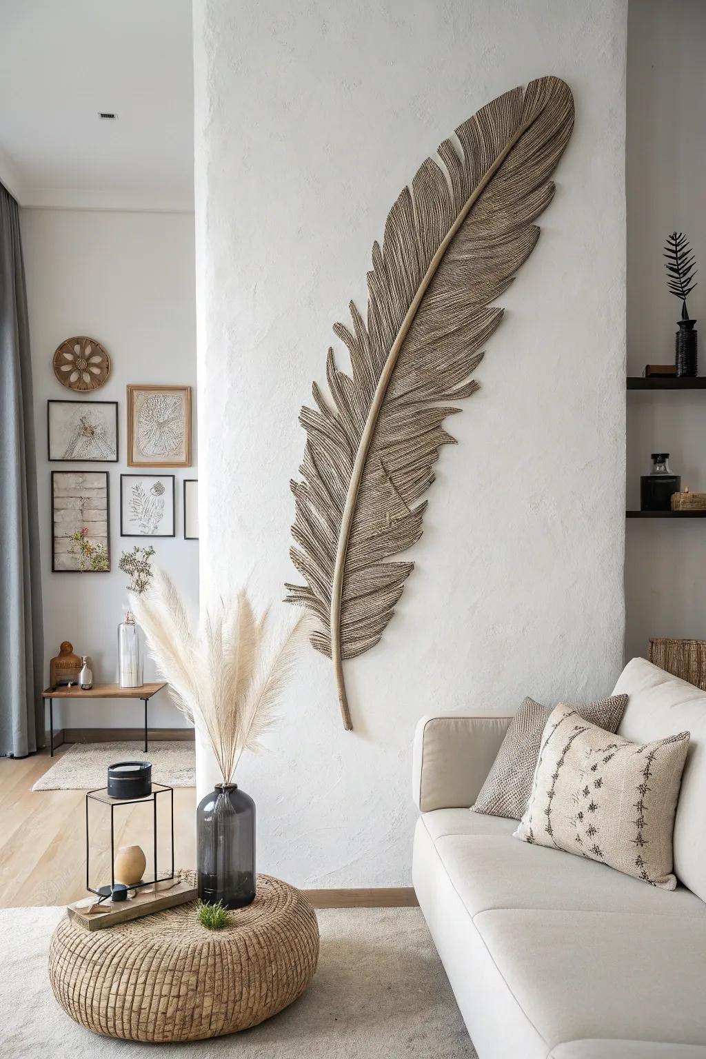 A minimalist wall creation elegantly making use of wildfowl plumage.