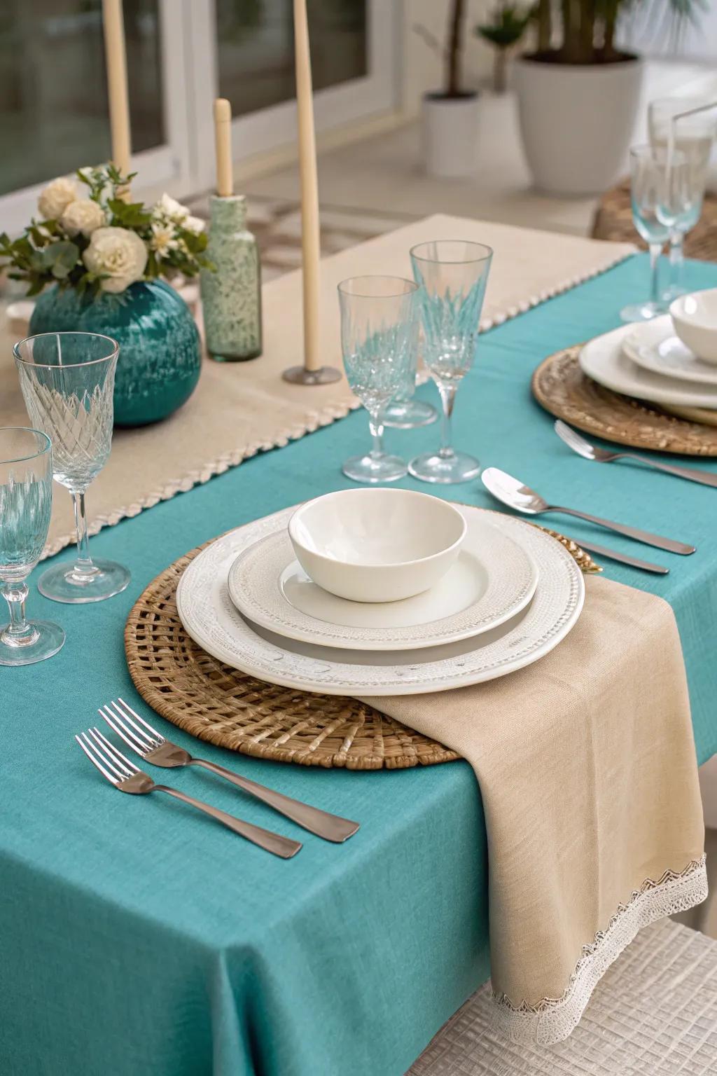 Neutral tones balance the boldness of cerulean beautifully.