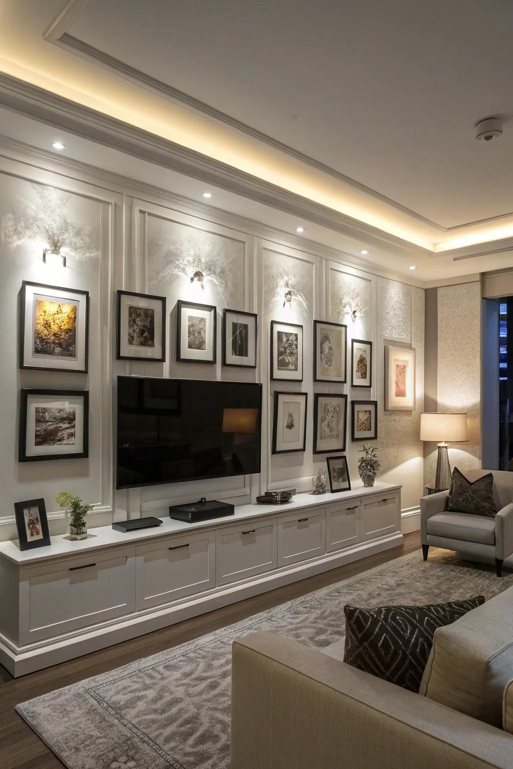 Accent illumination highlights this elegant television gallery wall.