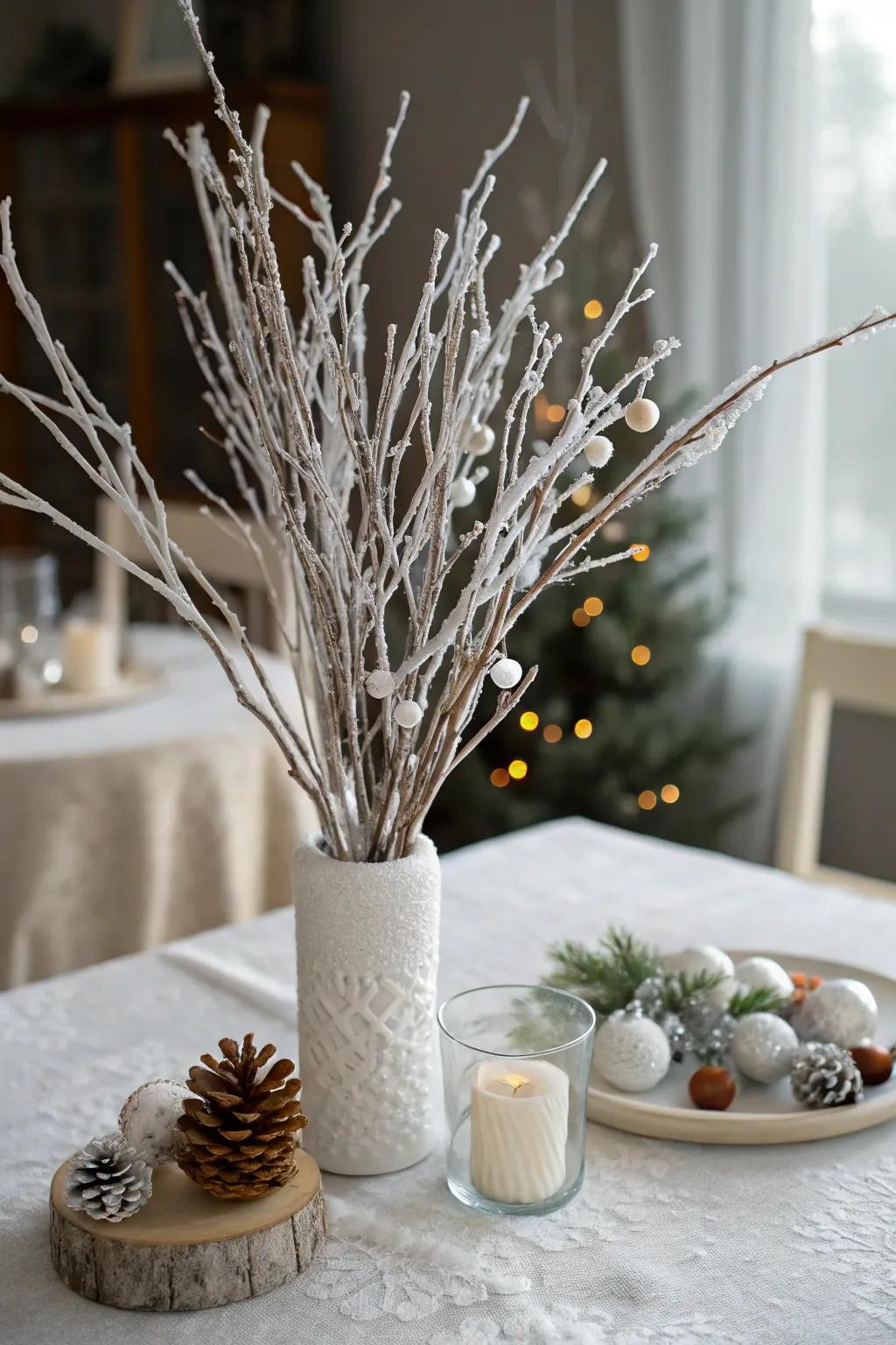 A winter wonderland showcasing iced branch arrangements.
