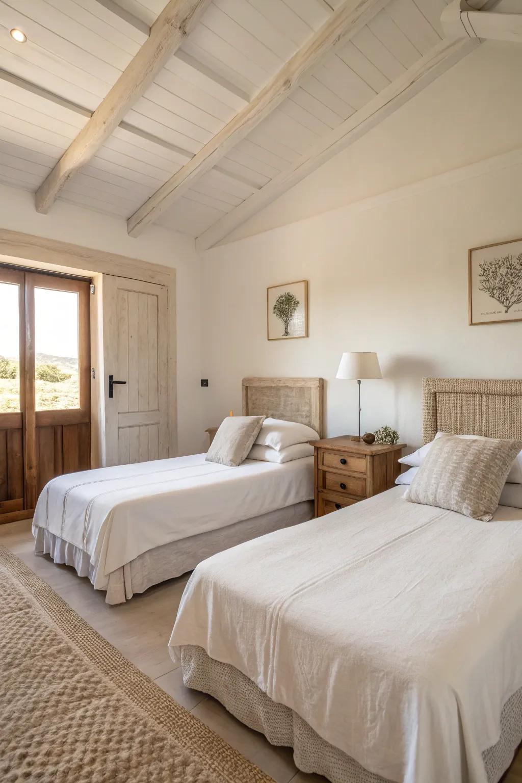 Minimalism creates a spacious and tranquil retreat using twin beds.