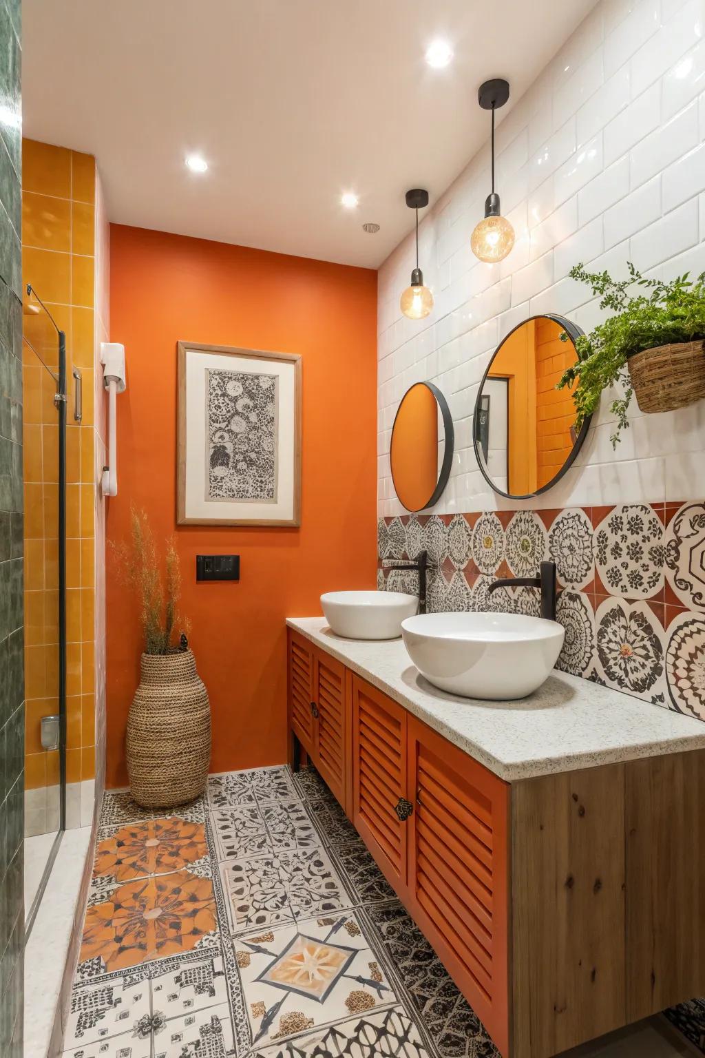 An energetic orange and white two-tone wall look that makes a bold statement.