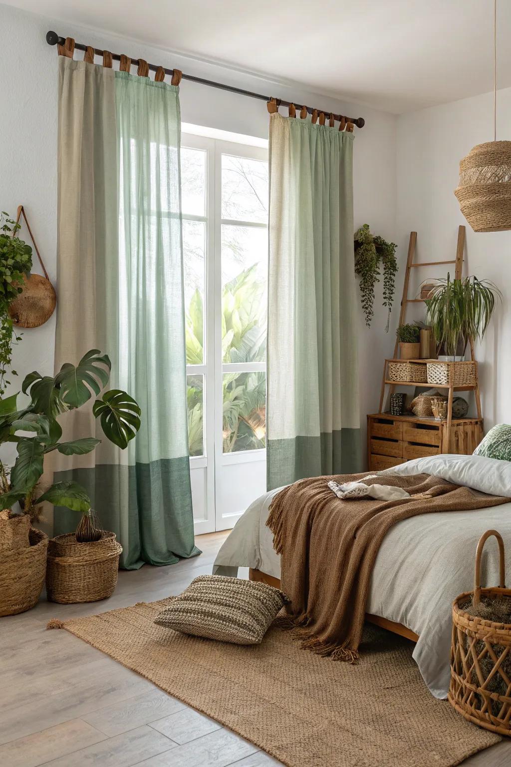 Nature-inspired duo-tone drapes creating a serene vibe in a tranquil bedroom.