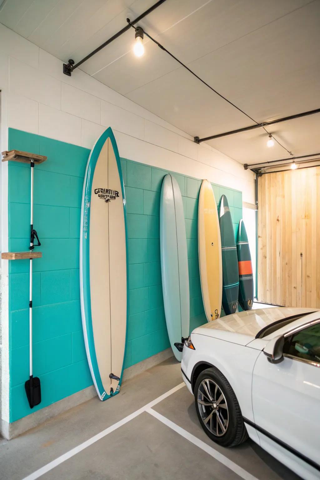 Teal and sandstone bring a coastal feel to your garage.