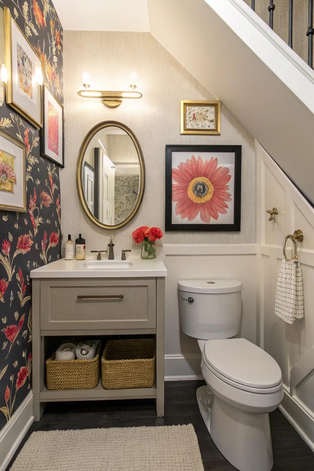 An under-stair bathroom adorned with striking interior decor for a personal touch.