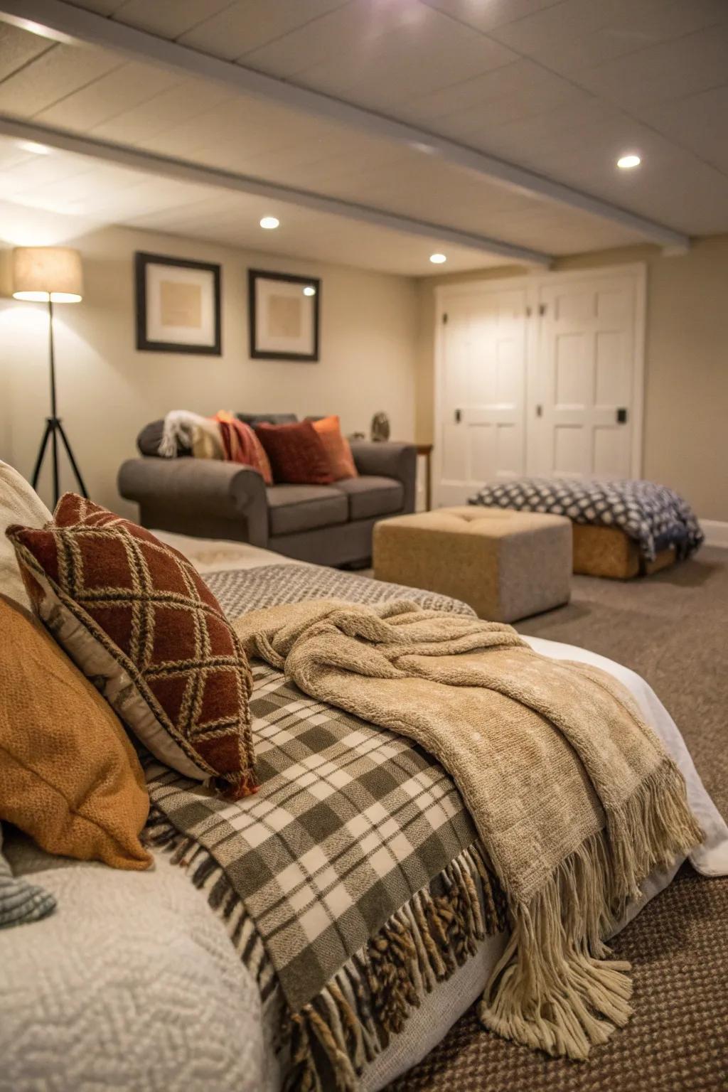 Textured fabrics can bring warmth and coziness to your basement bedroom.